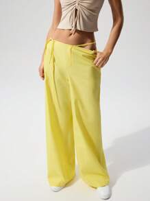Menodora SHEIN Sport Cloudkiss 20%Cotton Women's Casual Solid Color Woven Low Waist Straight Leg Pants - Butter Yellow - View 4