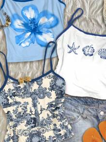 Attitoon 3pcs/Set Women's Vintage Inspired Vest Top With French Blue Angel Statue, Blue Floral Watercolor, And Blue Shell Print, Suitable For Summer Vintage, Casual, Sexy, Cute, Y2K, Coconutgirl, Boho, Vacation, Spring Break, Brunch-Ready, Baby Blue, Girls Trip, Neon Beach Vibes, Bohemian, Hippie, Music Festival