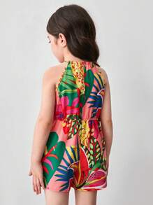 SHEIN 年轻女孩时尚碎花编织连体衣，圆领无袖连体衣 - 玫紅色 - 查看 3