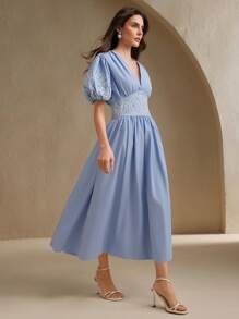 Anewsta Váy dự tiệc cưới cho nữ mùa xuân, mùa hè, lễ hội - Váy maxi cổ chữ V tay đèn lồng thêu hoa thanh lịch có viền xếp nếp - Màu xanh lam - Xem 6