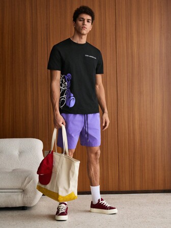 SWAVVY Men Letter & Bear Print Tee & Drawstring Waist Shorts, Jogger Set, Color Block Funny Vacation Summer Outfit