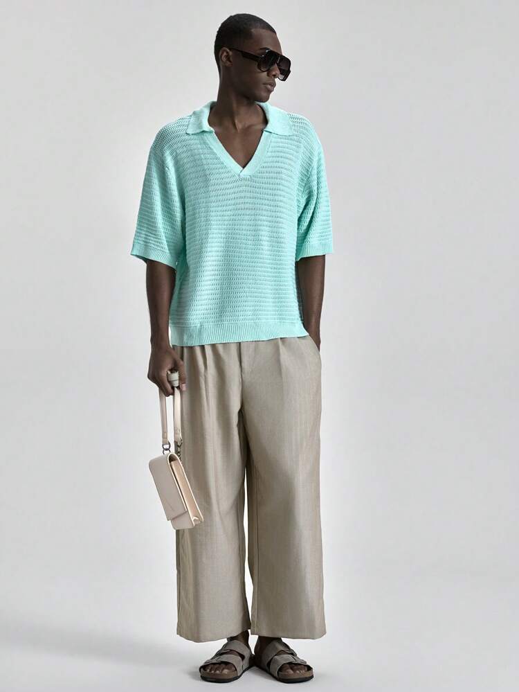 2025 Men's Summer Casual Short Sleeve Knit Top,Polo Collar Solid Color Turquoise Blue Knitwear For Autumn,Vacation,Beach Resort,Office,Party
