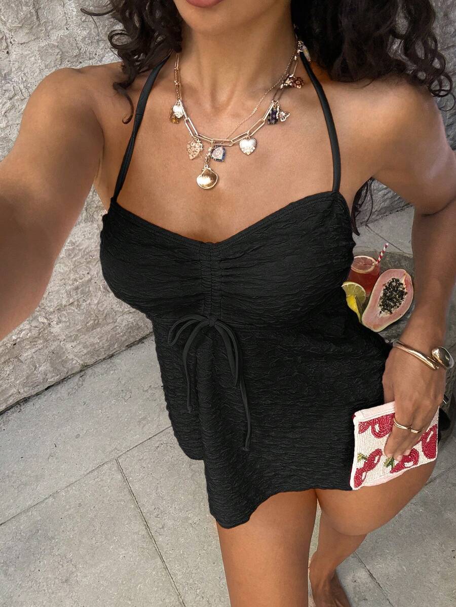 Swim Vcay Women's Pink Ruffle Trim Cinched Waist Beach Bikini Set With Adjustable Drawstring, Princess Style For Spring/Summer Vacation - Black - View 1