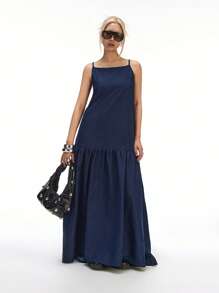 LYSMO Váy Maxi Denim Viền Xếp Nếp Thường Ngày Cho Nữ, Mùa Hè - Màu xanh lam - Xem 4