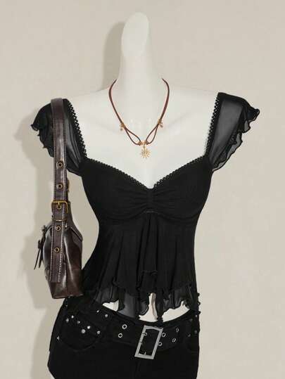 SHEIN ICON Top tipo camiseta sin mangas para mujer con fruncido delantero, ajuste ceñido, insertos de malla sexy y recorte en la espalda, ideal para uso casual en la playa o de vacaciones