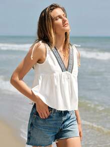 Maija 女式 V 领复古宽松褶边肩带无袖上衣，性感时尚海滩度假夏威夷休闲吊带背心 - 白色 - 查看 6