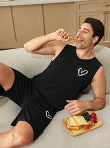 CoupledUp Ensemble de pyjama décontracté pour hommes avec veste sans manches à imprimé cœur