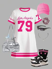 SHEIN Young Girl Pink Stripe, Jersey "Los Angeles" No.79 Print Casual Loose Short Sleeve Mid-Long Dress, Suitable For Summer