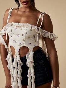 MISSGUIDED 花朵荷叶边露肩紧身胸衣夏季节日上衣系带紧身胸衣派对场合短款上衣 - 彩色 - 查看 4