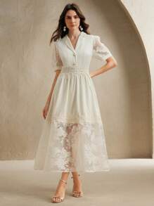 Anewsta Đầm xòe tay ngắn cổ bèo họa tiết phong cách Pháp thanh lịch dành cho nữ - Màu be - Xem 4