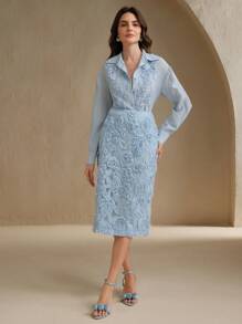 Anewsta Set 2 buc bluză și fustă midi elegante în stil francez, model jacquard texturat în relief, pentru naveta la birou - Albastru - Vizualizare 3