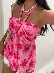 SHEIN EZwear Áo cổ yếm xếp ly họa tiết hoa ngày lễ cho nữ - Màu Hồng  Dưa hấu - Xem 4
