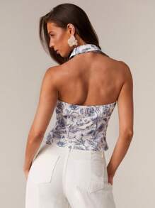 Athîral Blusa senza maniche con stampa floreale e chiusura monopetto a collo alto, adatta per le vacanze - Multicolore - Visualizzare 2