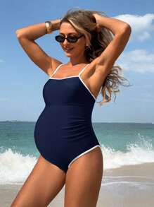 SHEIN Pregnant Women's Elegant Resort Monochrome Maternity One-Piece Swimsuit For Summer Beach Vacation