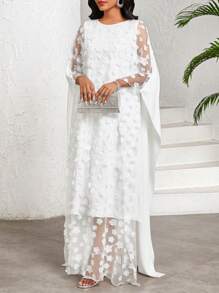 SHEIN Lady Weißes ultralanges Chiffon-Kleid mit 3D-Blumen, halbtransparent, geeignet für Geburtstag & Veranstaltungen / Bürokleidung / Kirchenkleidung / Hochzeitskleider / Urlaubskleider / weiße Kleider - Weiss - Übersicht 5