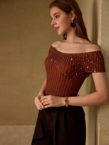 MOTF PREMIUM STRASS SLIM FIT KURZARM STRICKOBERTEIL - Kaffeebraun - Übersicht 6