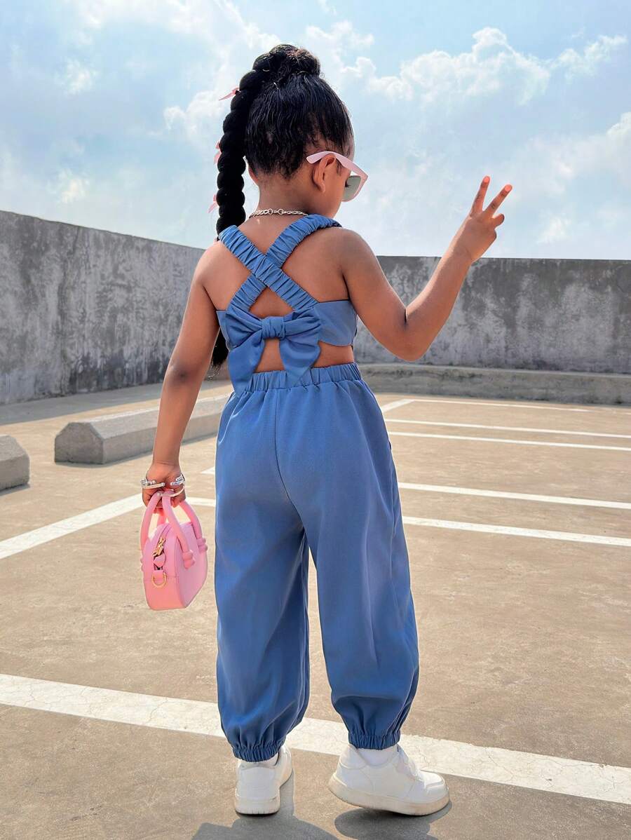 Criss-Cross Backless Jumpsuit With Bow Decor, Street Fashion Casual Outfit For Young Girls