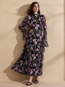 Graceveil 女式长款花卉印花荷叶边下摆后腰系带端庄优雅连衣裙 - 彩色 - 查看 6