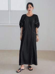 Dazy-Less Vestido midi reto vintage com cordão e decoração, roupa de escritório, casual, elegante, para viagem, de manga curta, jeans, para mulheres - Preto - Ver 6