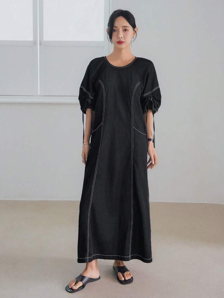 Vintage Washed Drawstring Tie Decor Straight Midi Dress, Office Wear Business Casual Commute Elegant Short Sleeve Denim Dress For Women