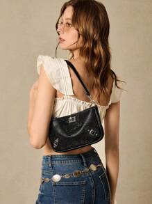 SHECARRY Women's Black Full-Coverage Rhinestone Shoulder Bag Clutch, Elegant Evening Party Purse With Decorative Metal Buckle For Dinner Gala & Events - Black - View 2