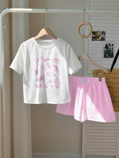 Comfortcana 2pcs/Set Women Summer Casual Pink Print Short Sleeve T-Shirt & Striped Shorts