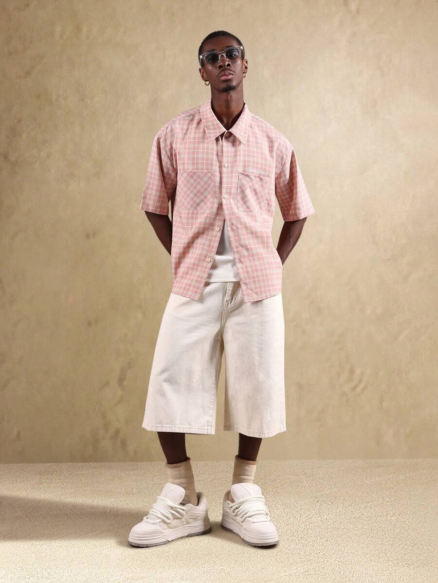 SUMWON 纽扣短袖衬衫格子格纹印花休闲夏季春季口袋细节复古风格休闲街头服饰 - 紅白色 - 查看 1