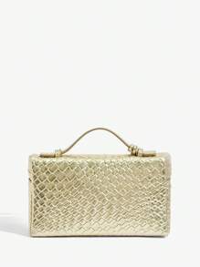 SHEIN SXY Ladies, Women Top Handle Bags ,Woven Bags, Fashionable, Simple, Elegant, Versatile, Classic, Woven PU,Red Bag,Metal Padlock Decoration,For Commute, Office,Date, Daily,Shopping, Afternoon Tea - Gold - View 4
