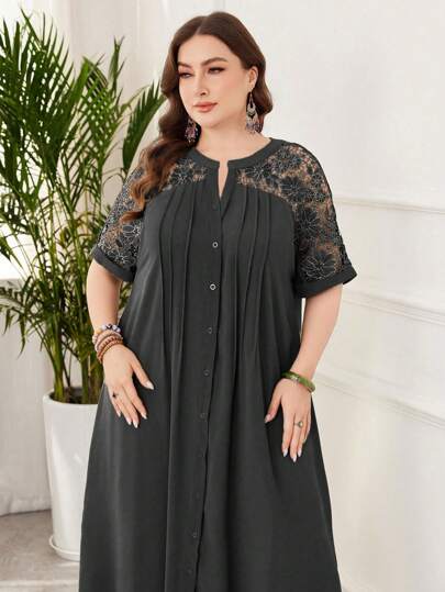 Lacomfia 大码长袖纯色蕾丝拼接阿拉伯风格连衣裙