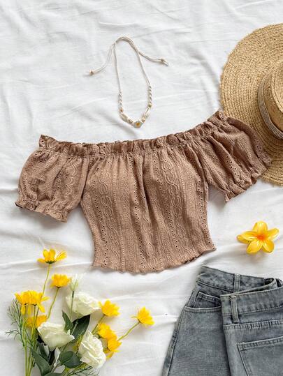 Soleia 百搭露肩荷叶边弹力短款皱褶短袖T恤上衣露肩上衣露肩短款上衣褶饰上衣挤奶女工上衣网眼上衣夏季上衣