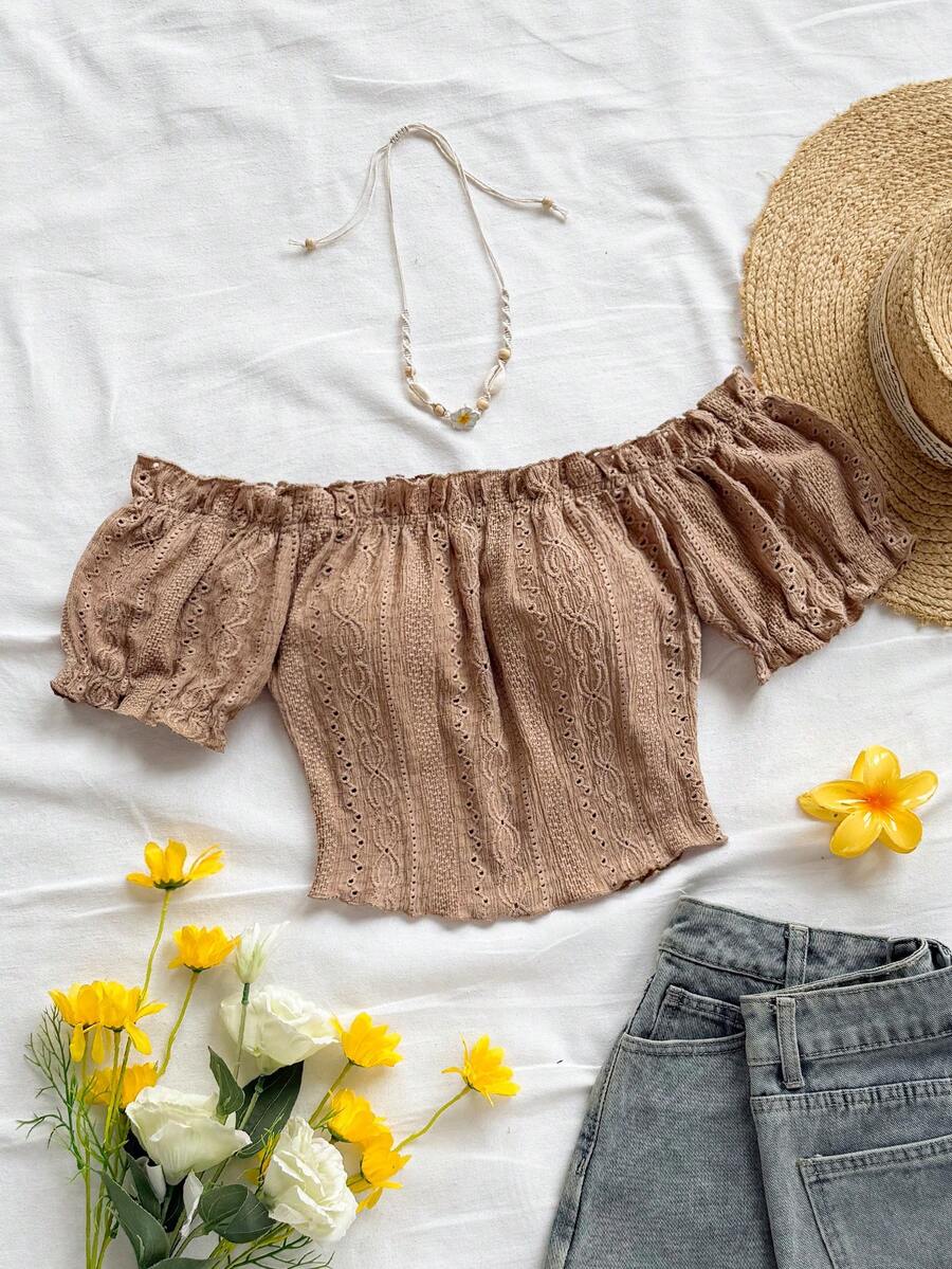 Soleia 百搭露肩荷叶边弹力短款皱褶短袖T恤上衣露肩上衣露肩短款上衣褶饰上衣挤奶女工上衣网眼上衣夏季上衣 - 卡其色 - 查看 1