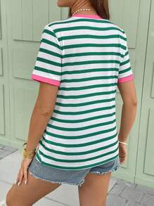 SHEIN Áo thun ngắn tay cổ tròn kẻ sọc dành cho bà bầu, kiểu dáng thường ngày, đa năng, thích hợp mặc mùa hè, áo thun mùa hè cho nữ, áo thun cotton cho nữ, áo thun cotton kẻ sọc mùa hè cho nữ. - màu xanh lá - Xem 2