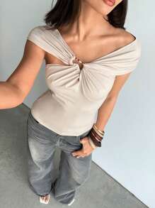 Aloruh Women's Elegant Hollowed Metal Button Decor Off-Shoulder Solid Beige Fitted T-Shirt - Apricot - View 5