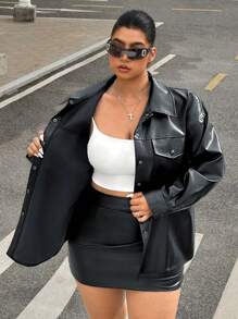 SHEIN EZwear Plus Size Black Minimalist PU Collar Shirt Jacket For Early Autumn Winter Fall - Black - View 12