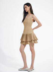 Aveloria Affinna 新款欧美时尚简约纯色方领无袖双层褶边腰部修身性感可爱U型背连体迷你连衣裙女 - 卡其色 - 查看 4