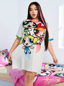 THE POWERPUFF GIRLS X SHEIN Plus Size Loose Nightgown Featuring Spring Summer Street Cowboy Music Festival Sweet Spicy Y2K 90s Retro Boho Vacation White Cartoon Blossom Bubbles Buttercup Graffiti Comics Star Printed Pattern, Moo Moo Night Dress - White - View 3