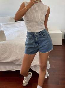 DAZY Women's Plain Pocket Frayed Hem Casual Denim Shorts Y2k - Dark Wash - View 4