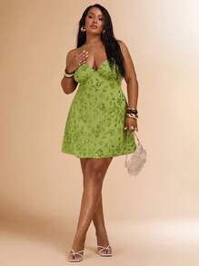 SHEIN BAE Vestito a fascia con paillettes e nodo, verde, sexy e senza schienale, da donna con taglie comode, elegante mini vestito senza schienale, adatto per spiaggia, vacanze, abito estivo