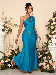 SOLERSUN 女式纯色镂空不对称领口金属装饰紧身连衣裙长款女装 - 水鴨藍 - 查看 3