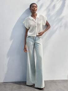 Maija 女士夏季休闲纯色镂空针织开衫，贝壳扣复古风休闲衬衫，夏威夷风格