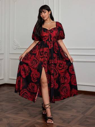 Lyrianda Plus Size Women's Floral Print V-Neck High Slit Romantic Vacation Dress Maxi Women Outfit