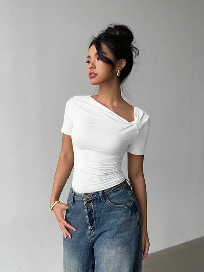 Siren Gaze Camiseta de manga corta con cuello oblicuo elegante, nuevo diseño de estilo ceñido informal para mujer, de verano