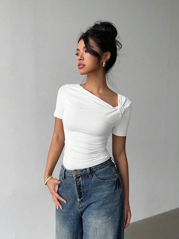 Siren Gaze Chic Oblique Collar Short Sleeve T-Shirt, New Stylish Design Slim Fit Casual Top For Women, Summer