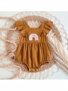 Loomiva Baby Girl Rainbow Pattern Square Neck Small Cap Sleeve Bodysuit, Casual And Versatile - Yellow - View 1