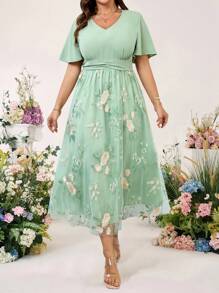 Cravure Plus Size Green Ditsy Floral Dress, Fashionable For Summer - Green - View 8