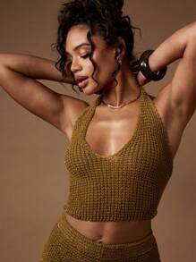 MISSGUIDED Sequined Knit Halter Co-Ord Set Festival Party Beach Holiday Resort Wear Club Night Out Summer Booty Short Two Piece Outfit Christmas - Green - View 4