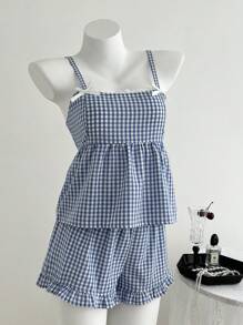 Elamini Bộ 2 quần yếm kẻ caro đỏ thời trang xuân/hè cho nữ đi nghỉ thường ngày và quần short kẻ caro cạp chun đi biển/dã ngoại - Xanh và trắng - Xem 5
