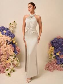 SHEIN Belle 优雅浪漫缎面露背无袖褶皱高开衩露背美人鱼连衣裙，适合婚礼、派对、约会、伴娘 - 杏色 - 查看 4