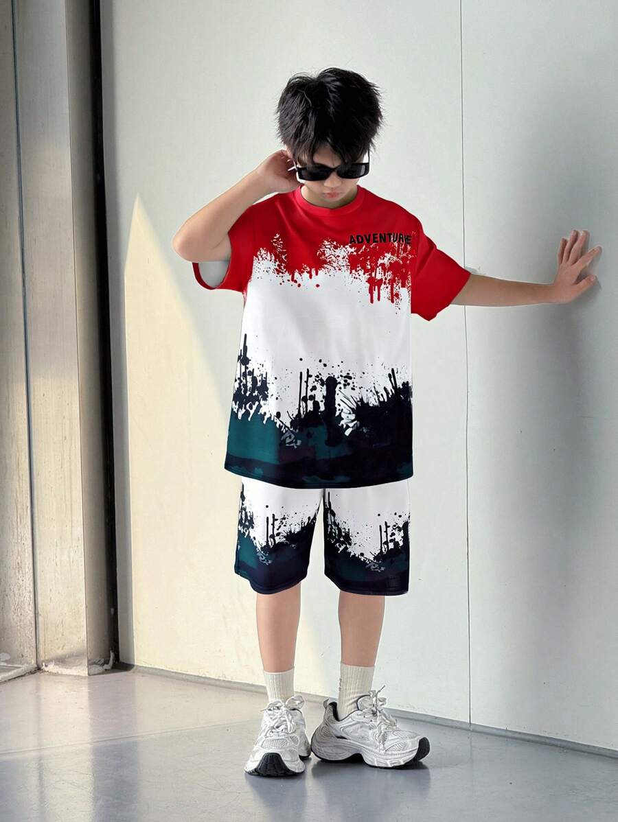 SHEIN Tween Boys Loose Street Style Short Sleeve Shorts Set Summer Clothes Short Sets For Teen Boys Drippy Outfits Sets For Teen Boy Boys Drippy Clothes Boys Korean Fashion Teen Boy Summer Outfits - Red - View 1