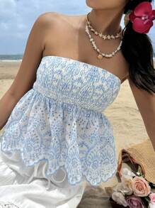 SHEIN EZwear Women Blue & White Hollow Embroidered Tube Top - Blue and White - View 4